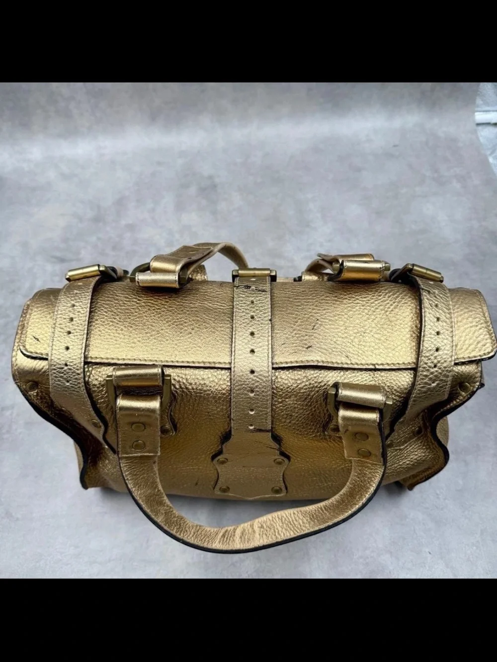 Mulberry Metallic Gold Leather Satchel with Buckle Pockets